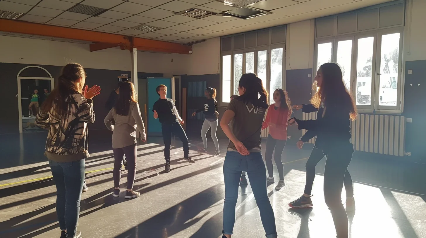 Image de jeunes artistes s'entraînant avec énergie dans une salle de répétition