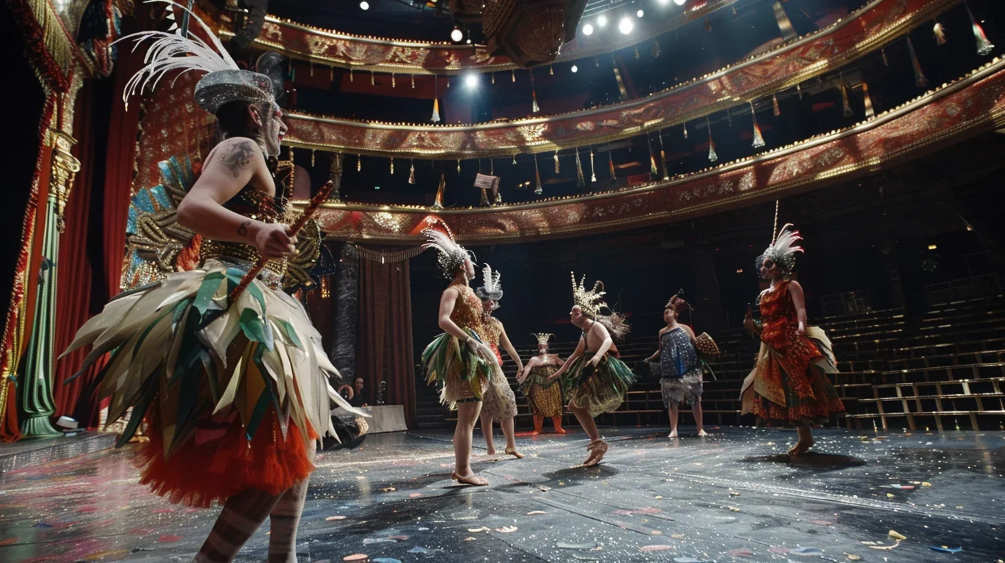 Une scène de théâtre contemporain avec des acteurs portant des costumes originaux et livrant une performance expressive