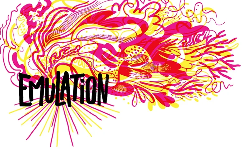 Text noir du nom du festival "émulation" sur fond à motifs abstrait coloré rouge et jaune