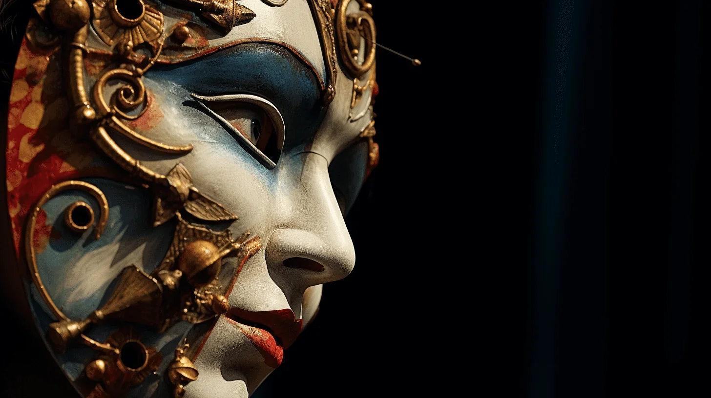 Cette image met en scène un masque théâtral, symbole traditionnel du théâtre. Il semble comme suspendu dans le temps et l'espace,