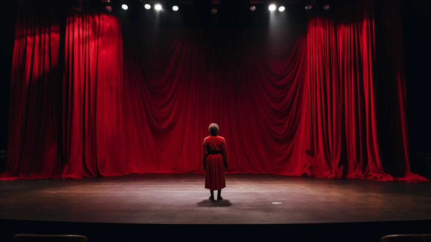 Dans cette scène captivante, une talentueuse comédienne se prépare avec détermination et passion pour son monologue à venir. Son r