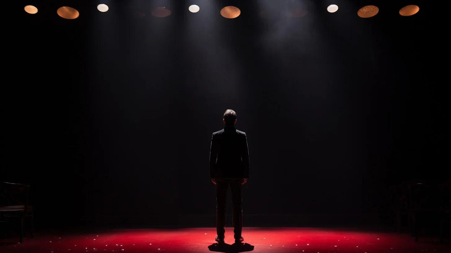 Sur cette scène envoûtante, un acteur talentueux incarne Hamlet, plongeant dans l'emblématique monologue, "Être, ou ne pas être."