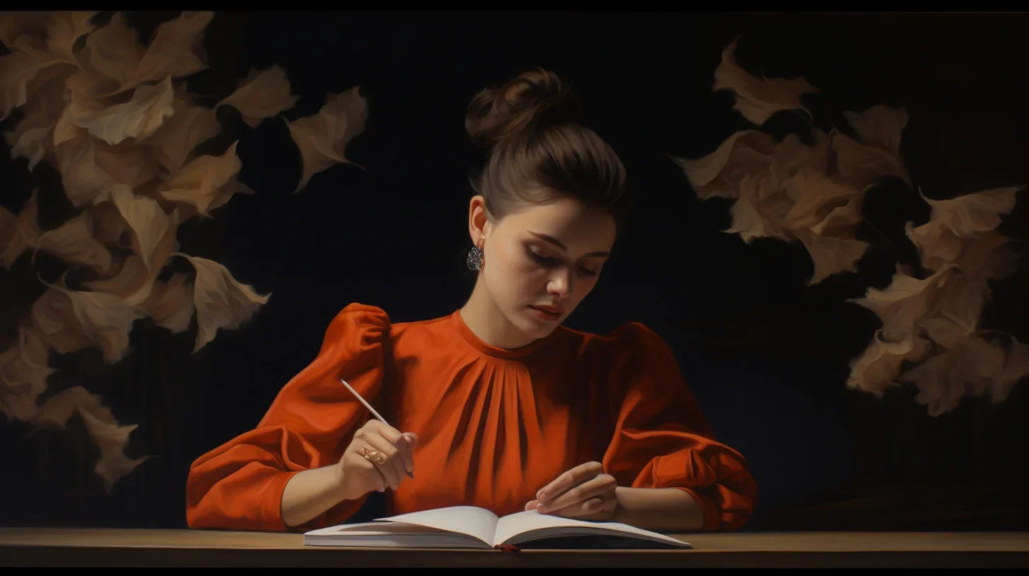 Une jeune femme dramaturge, plongée dans sa créativité, est assise devant une table encombrée de papiers et de notes. La concentra
