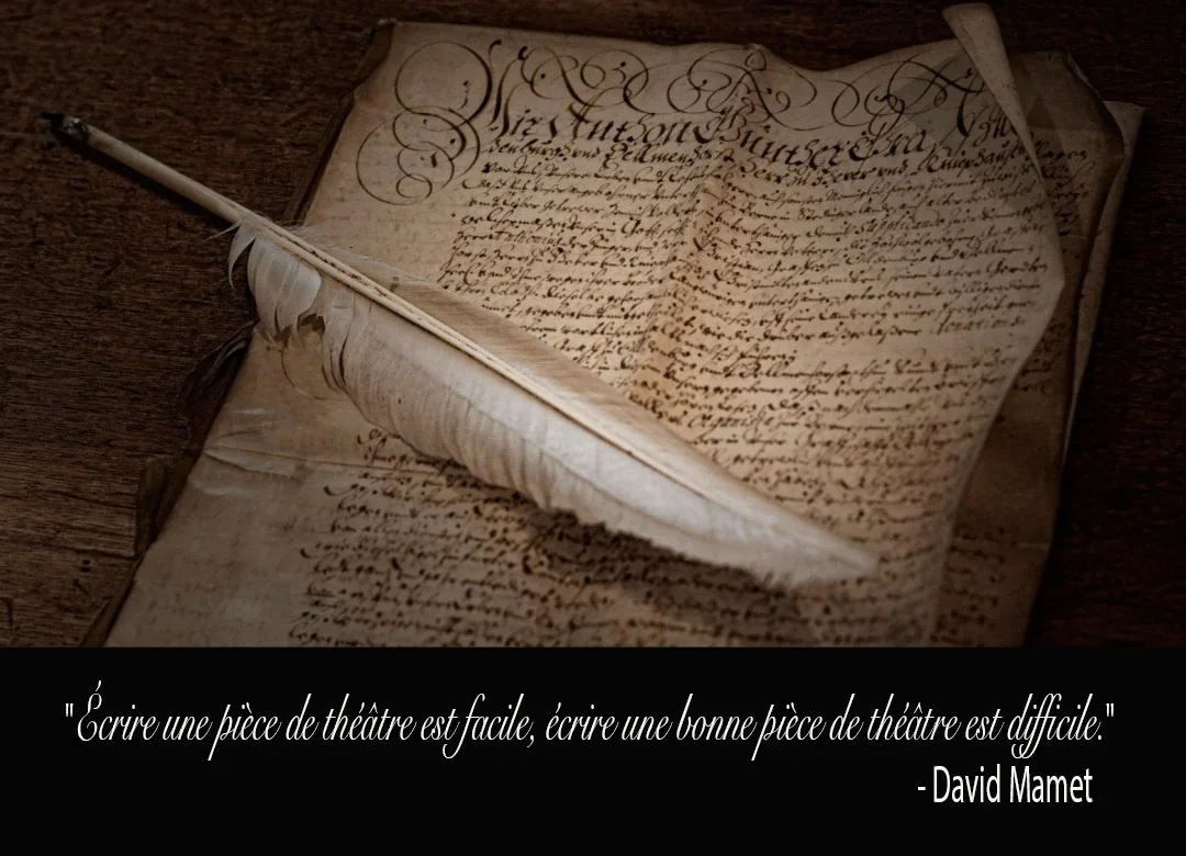 un morceau de manuscrit jauni sur lequel repose une plume de canard pour écrire du texte