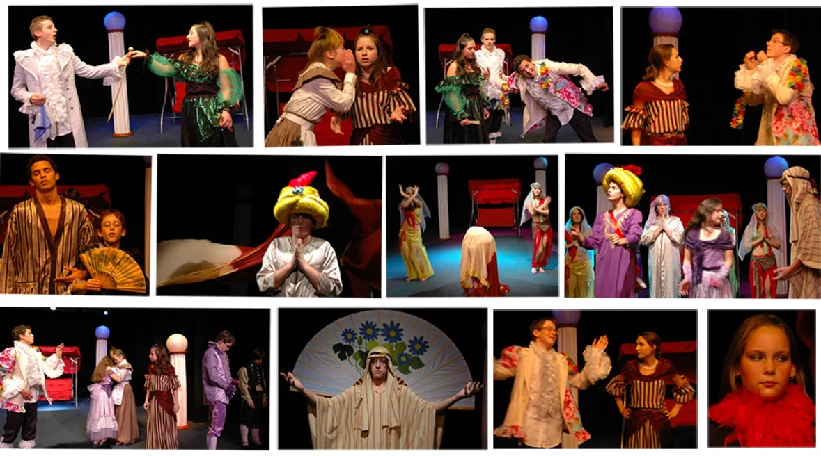 Collage de photos du spectacle mettant en scène de jeunes comédiens.