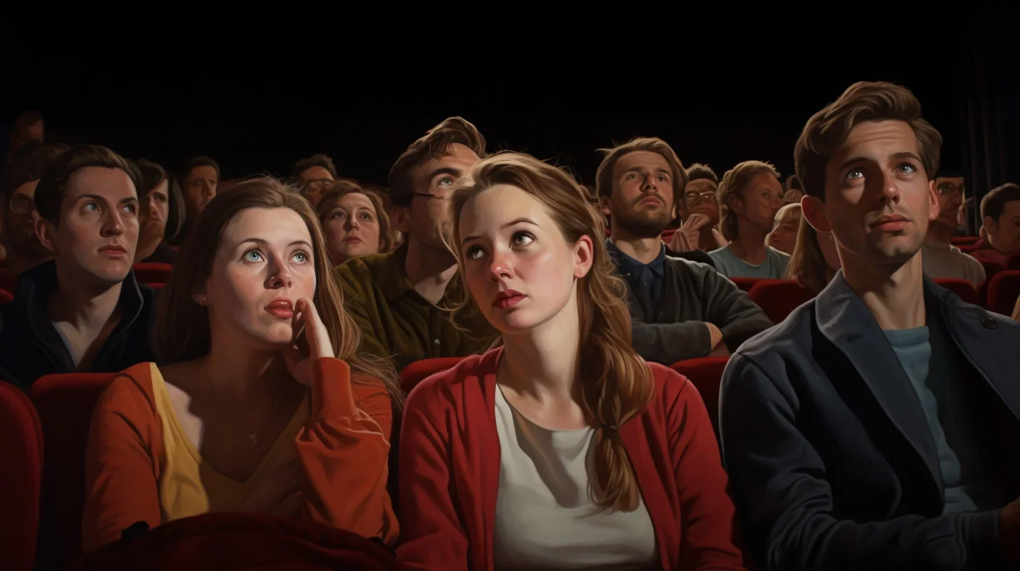 Dans cette scène émouvante, le public est présent lors de la dernière répétition d'un spectacle théâtral. Les visages des spectate