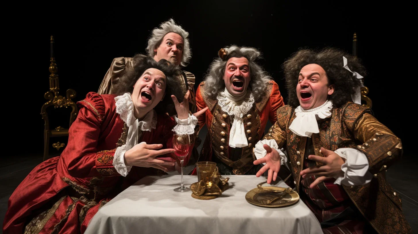 Dans cette scène joyeuse, des acteurs talentueux prennent vie sur les planches d'un théâtre comique français. Les visages souriant