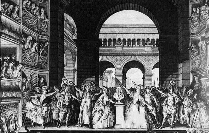 Sur la scène du théâtre médiéval, les comédiens jouent une pièce devant le public