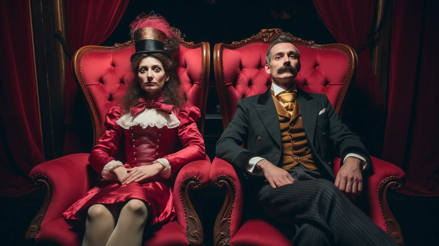 Cette scène de satire captivante présente des acteurs au visage sérieux, prêts à offrir au public une critique sociale acérée.