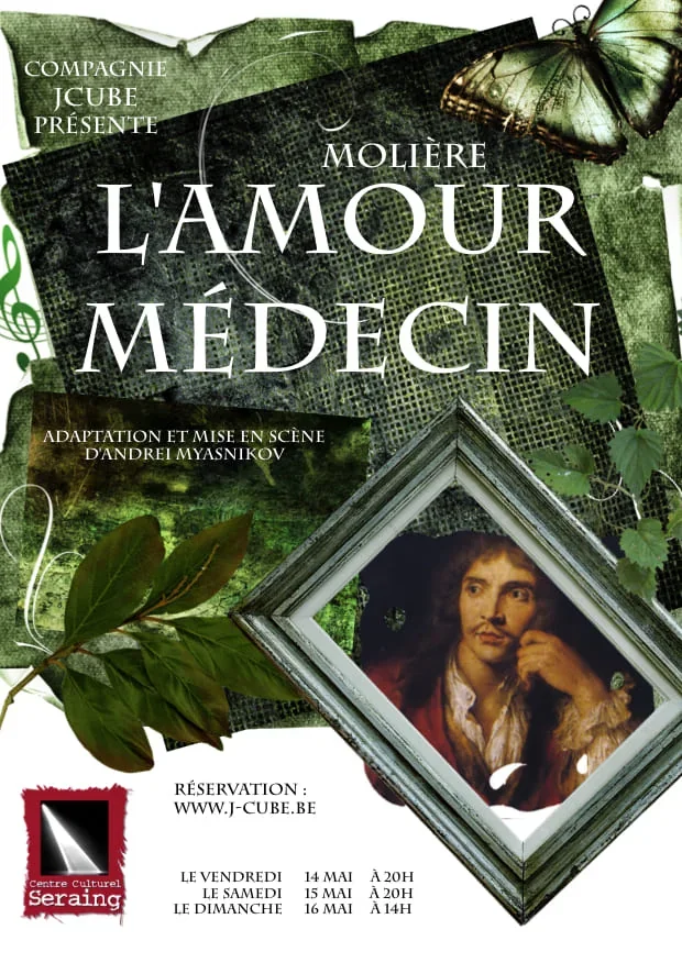 L'affiche colorée et dynamique du spectacle "Amour médecin", une comédie irrésistible qui vous fera rire aux éclats. Réservez vite