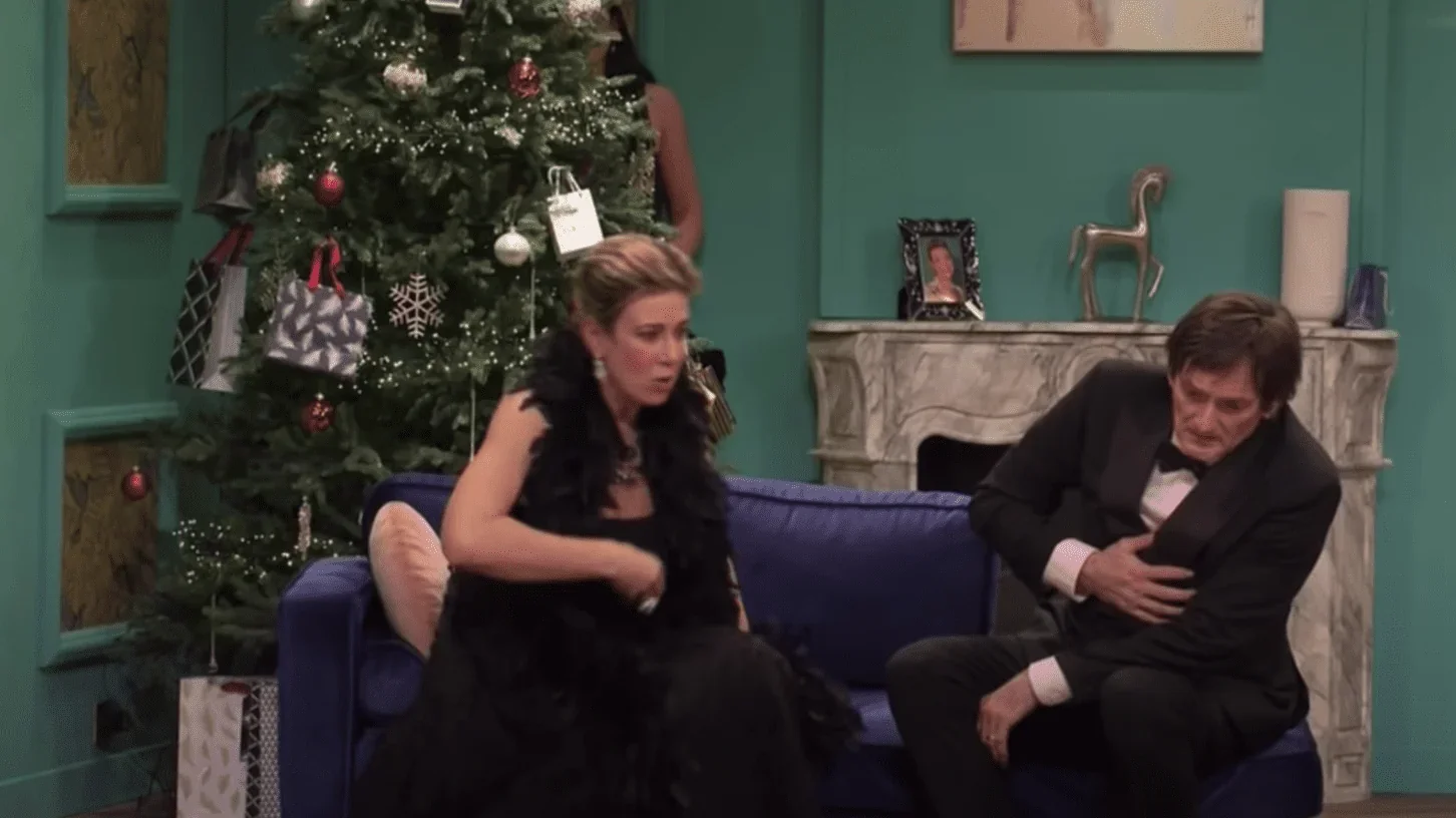 Cette image captivante met en scène un moment de tromperie intense de la pièce de théâtre "13 à table" écrite par Marc-Gilbert Sau