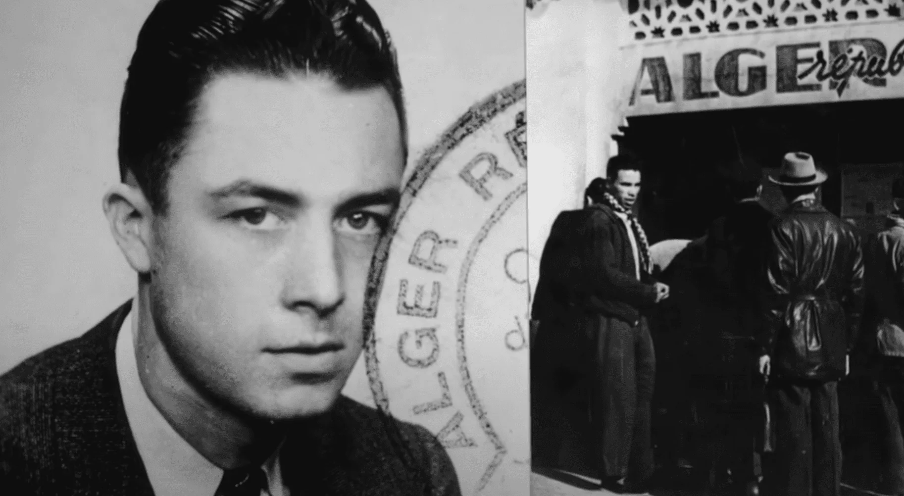 Cette photo représente Albert Camus, écrivain et philosophe de renom, sur le fond d'un paysage algérien.