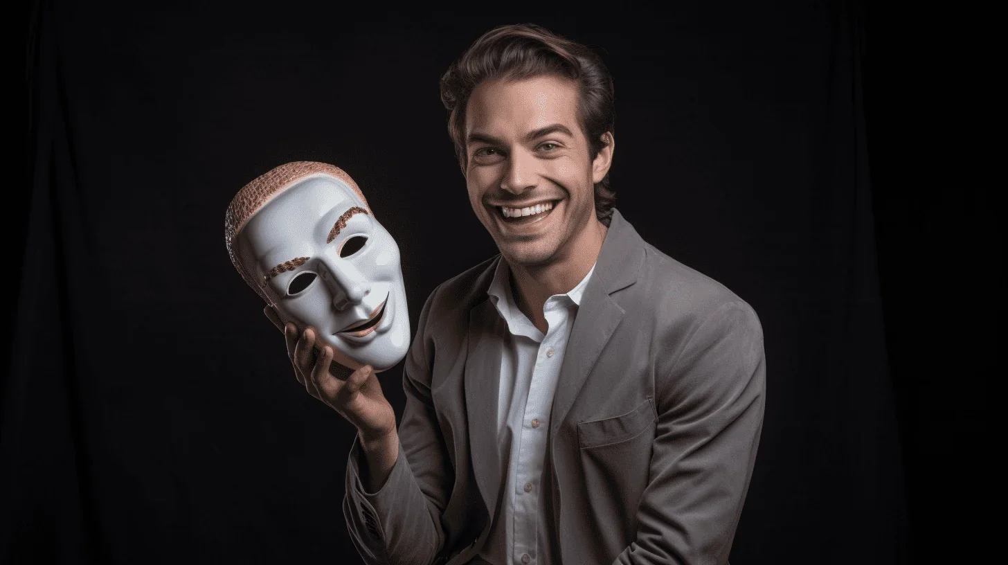 Cette image fascinante présente un comédien sur scène, tenant un masque dans sa main.