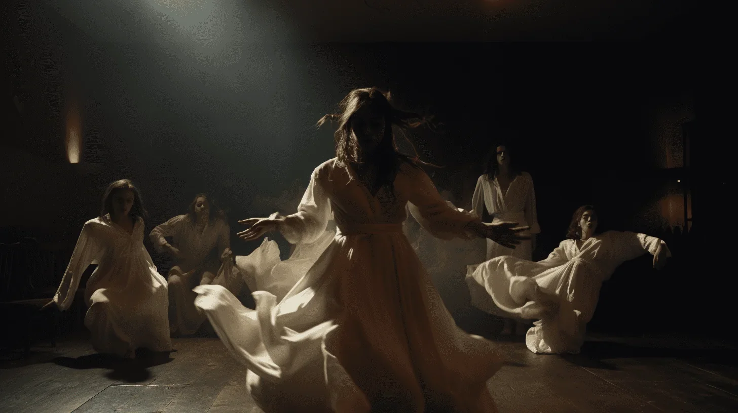 L'image présente un groupe d'individus sur scène engagés dans un jeu de rôle théâtral.