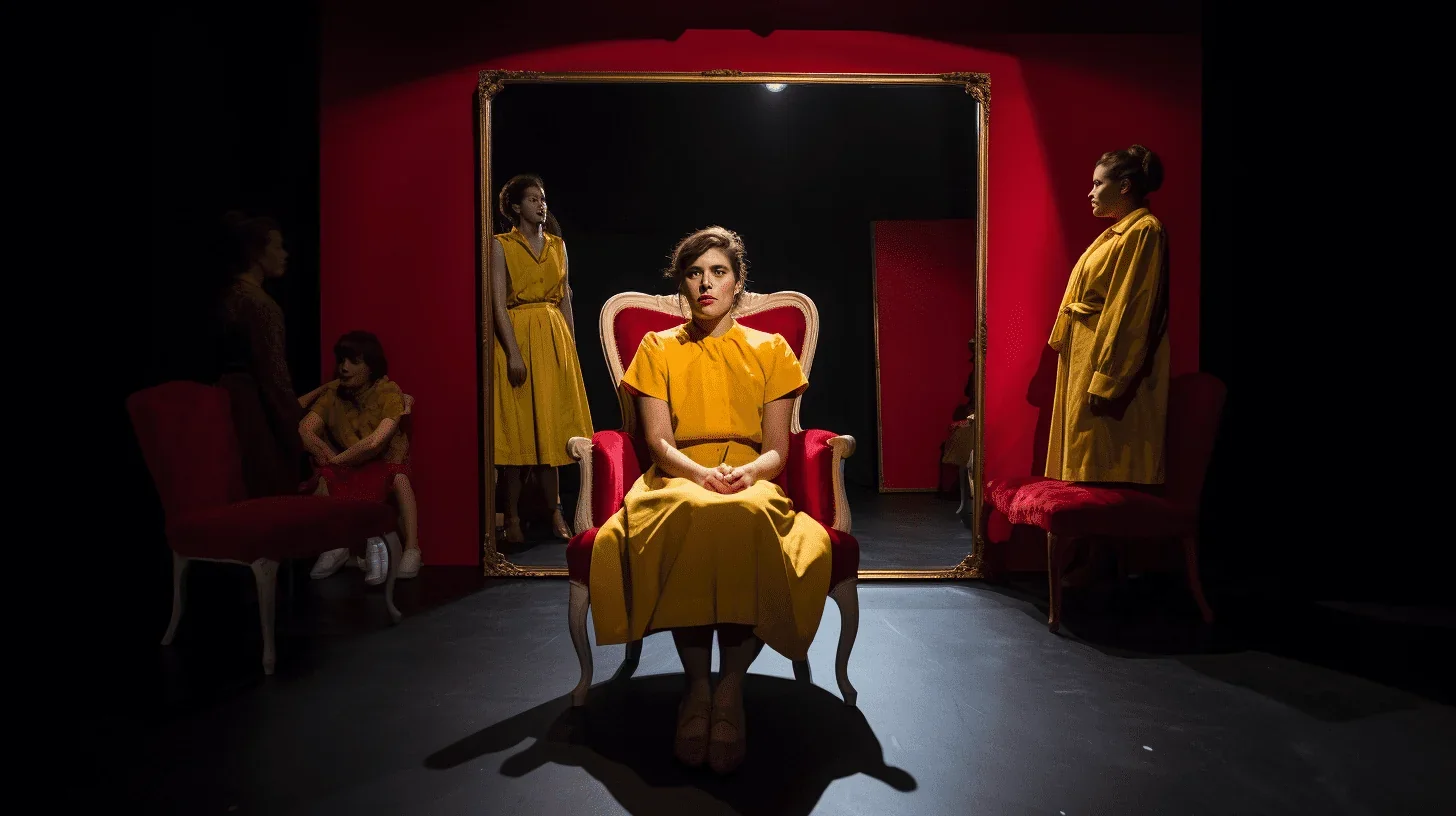 L'image montre un acteur face à un miroir sur la scène d'un théâtre, immergé dans une introspection silencieuse