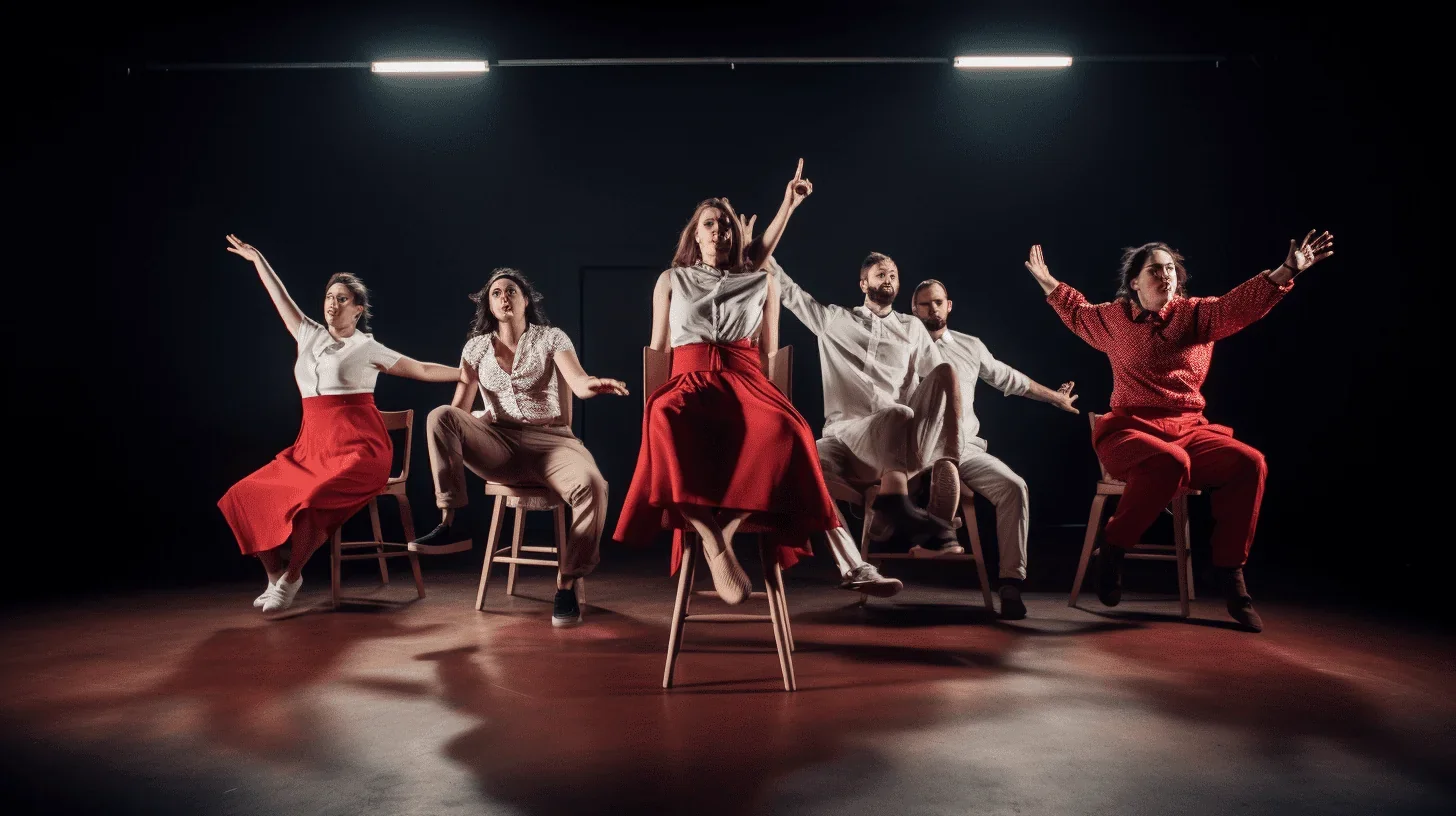 L'image représente des individus sur une scène de théâtre, face à un public attentif.