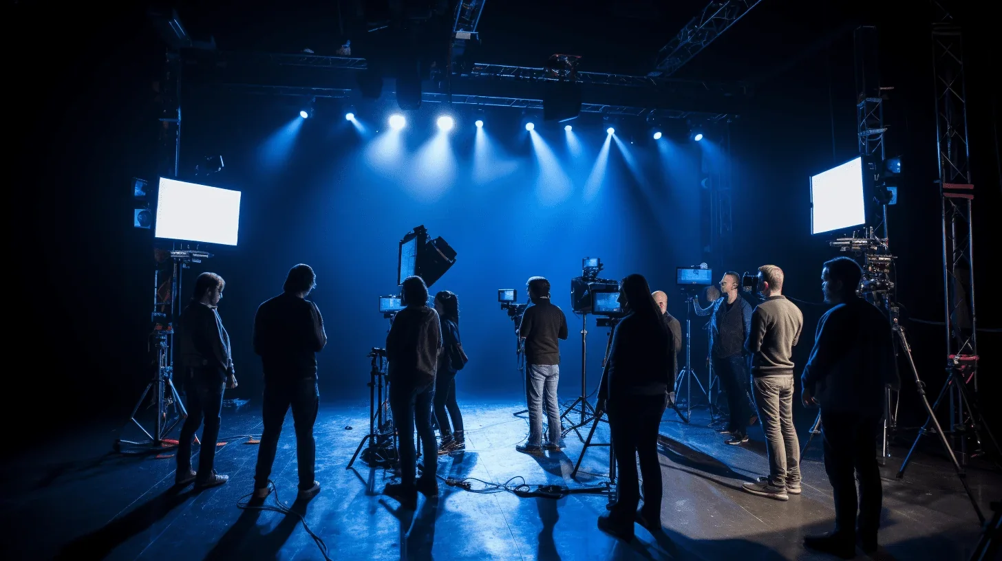 Cette photographie nous emmène au cœur d'une répétition de théâtre animée, où plusieurs acteurs sont en pleine action, enveloppés