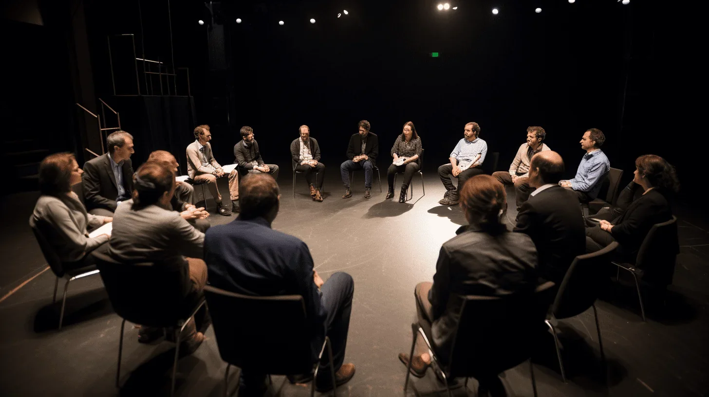 Cette photographie nous invite à un moment privilégié, juste avant le début d'une répétition théâtrale.