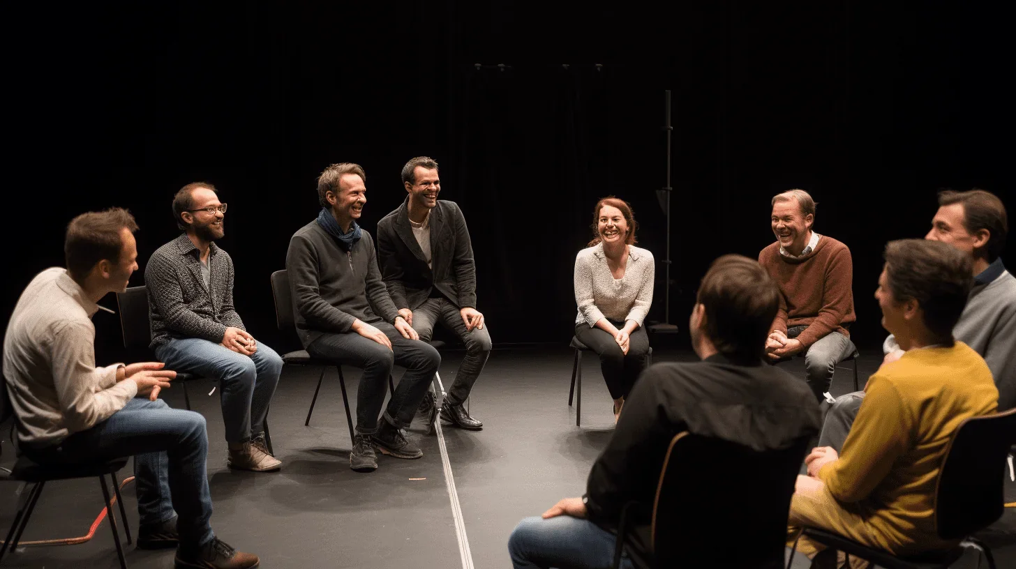 Cette photo nous offre un aperçu des coulisses, capturant le moment précieux d'analyse après un exercice de théâtre.