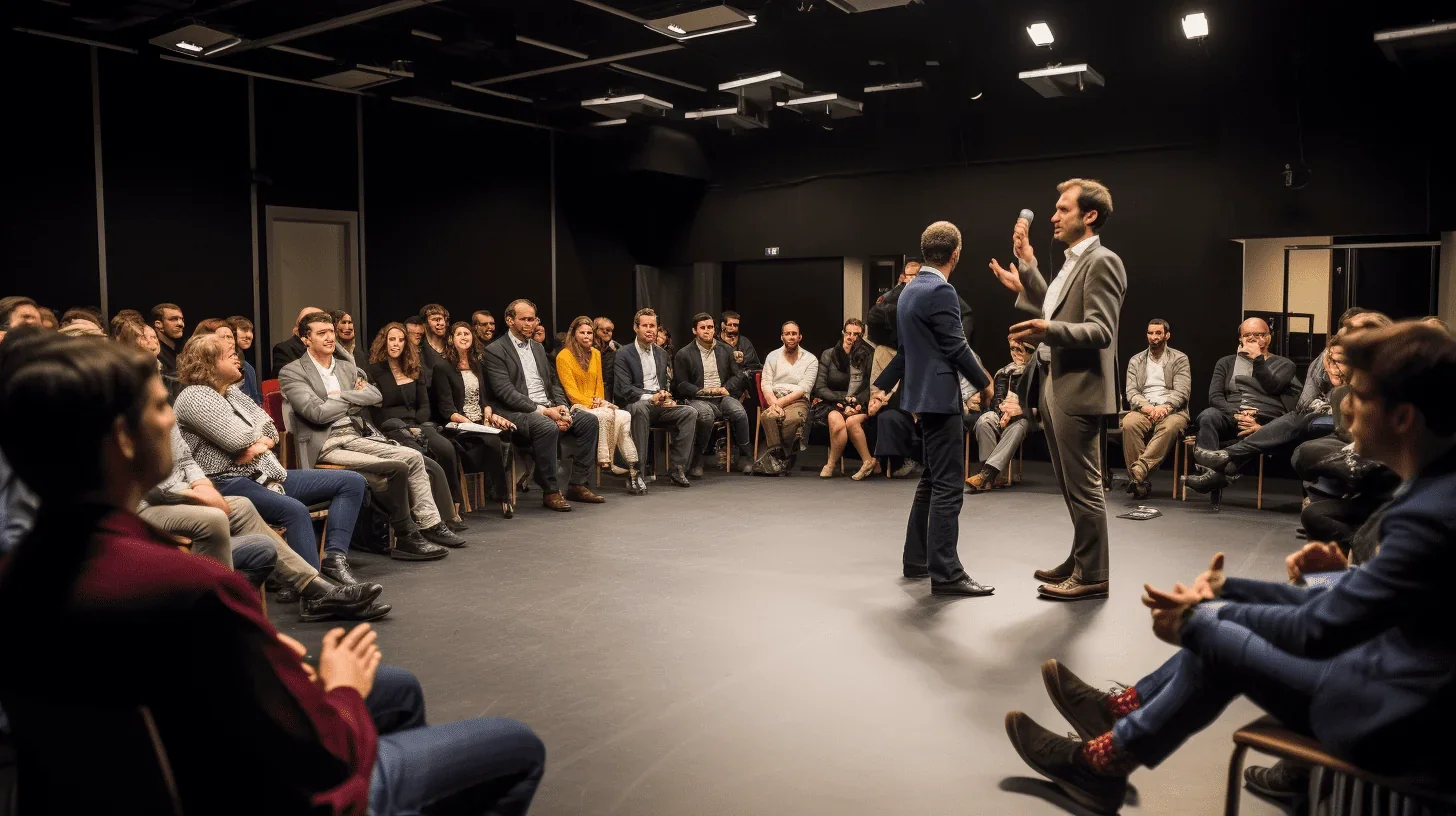 Cette photographie nous plonge dans une session d'explications sur un exercice de théâtre.
