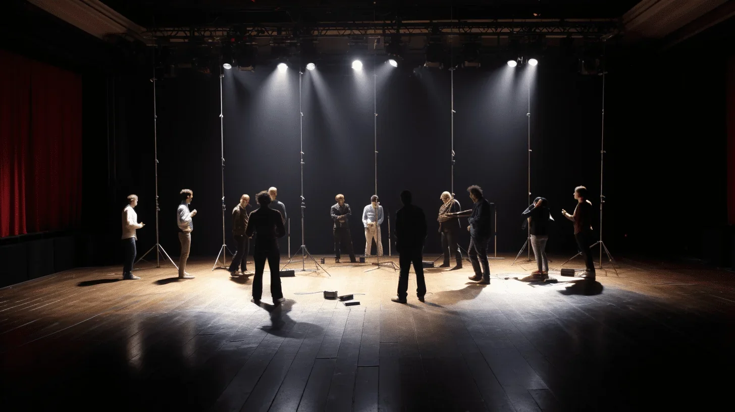 Cette photographie saisit l'instant effervescent d'un exercice de théâtre en cours.