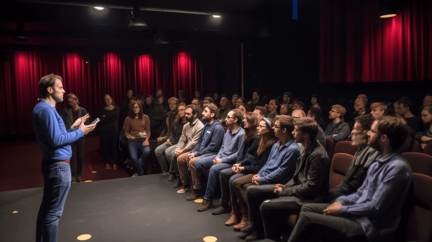 Cette photographie capture un moment fort d'éloquence, où une personne se tient debout, en train de délivrer un discours passionné