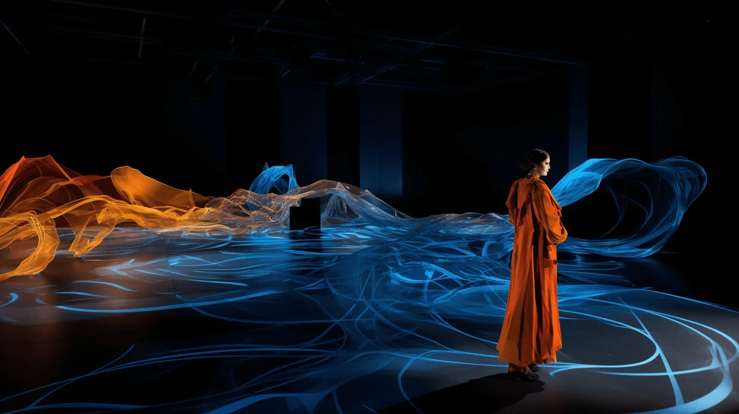 Capturée en pleine représentation, cette image offre un instantané dramatique d'une comédienne en action.