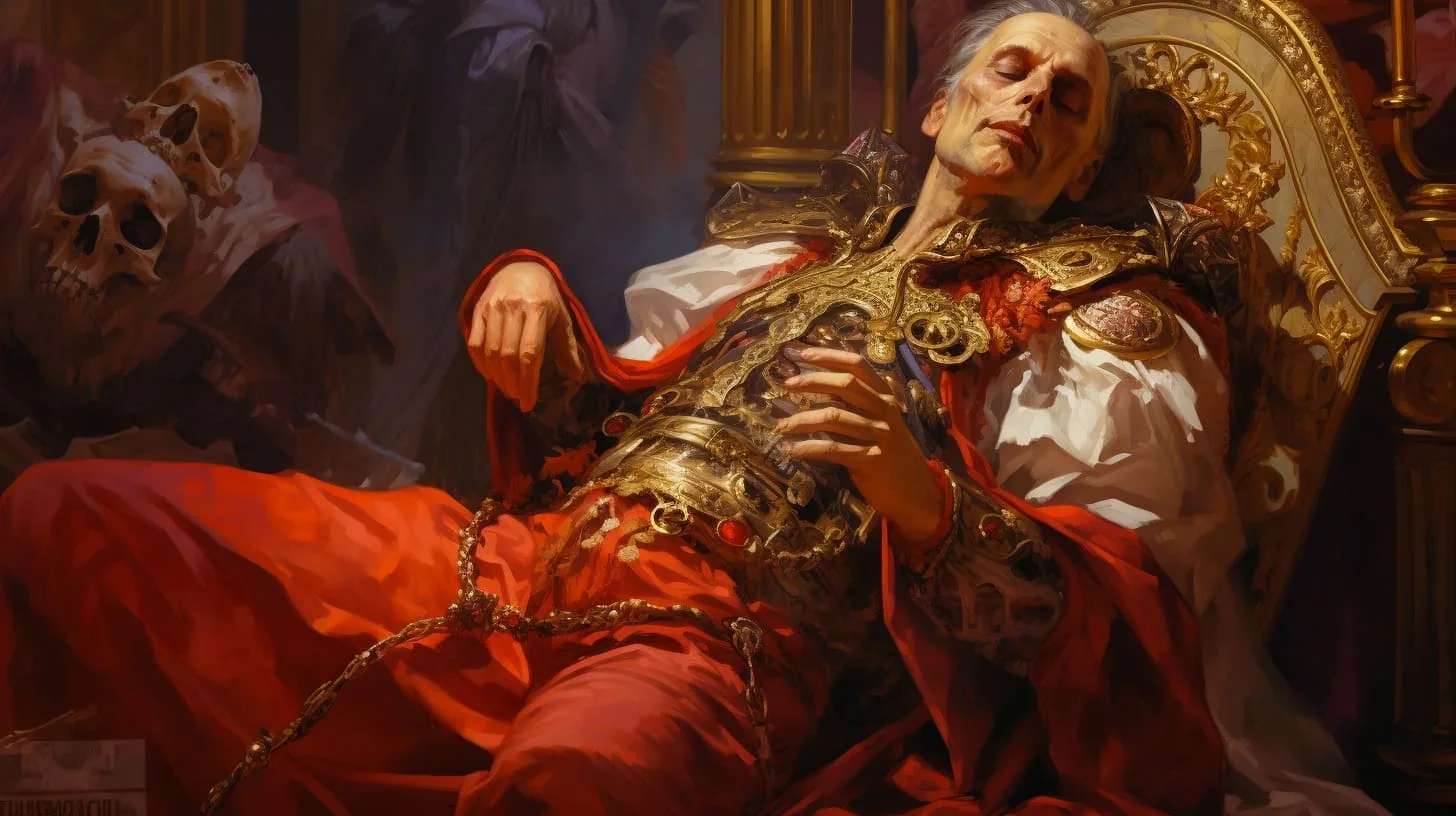 Cette image saisissante capture le moment dramatique de la mort d'un roi dans une pièce de théâtre.