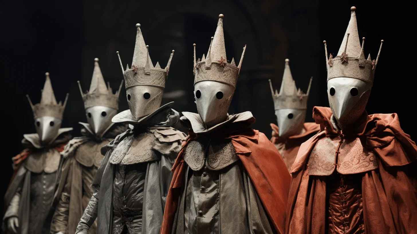 Sur cette photo, nous voyons des serviteurs de roi portant des masques.