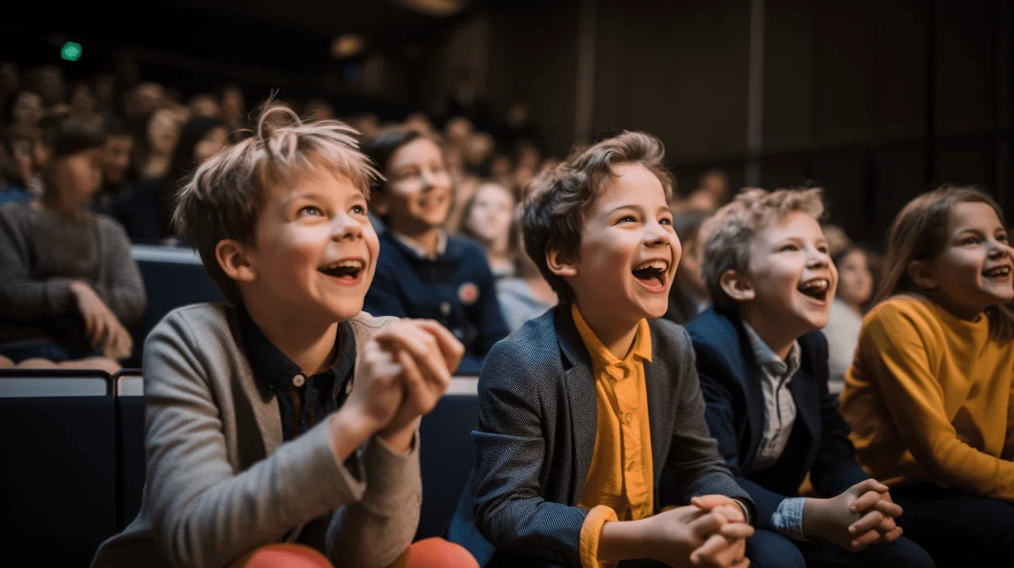 Une foule de jeunes spectateurs regardent un spectacle avec des visages illuminés de joie.