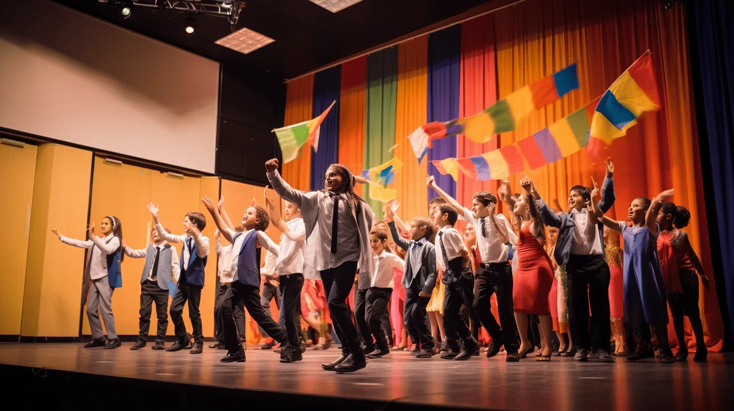Un groupe de jeunes comédiens énergiques se trouve sur scène.