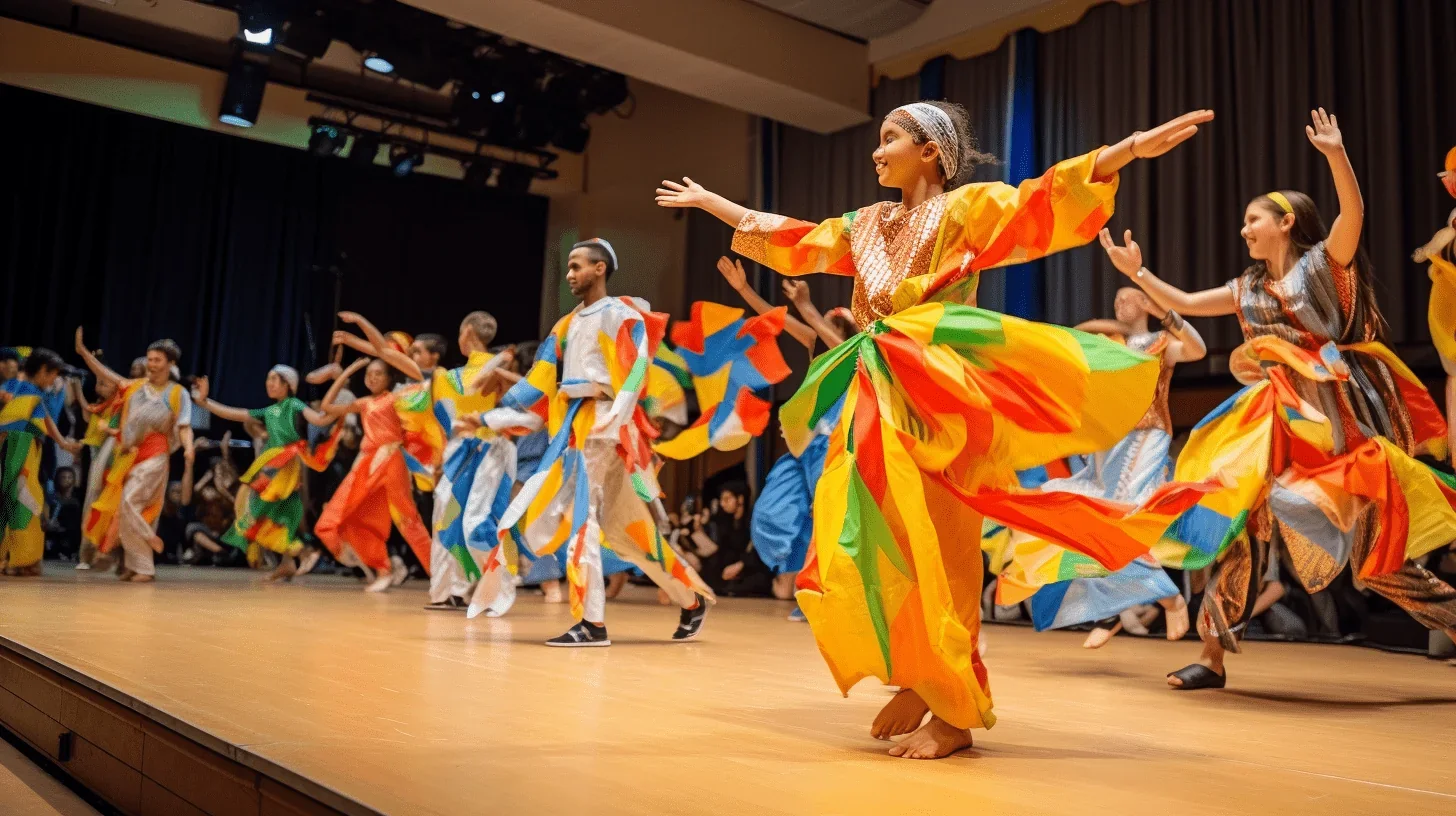 La photo dépeint un groupe de jeunes acteurs vêtus de costumes hauts en couleur. Les tissus vifs et chatoyants créent un patchwork