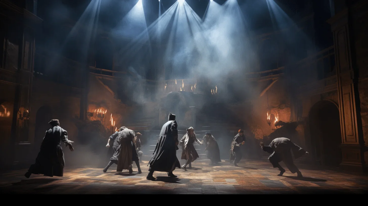 Capturant un moment intense d'une performance dramatique en cours, cette image présente une scène où les émotions et les tensions