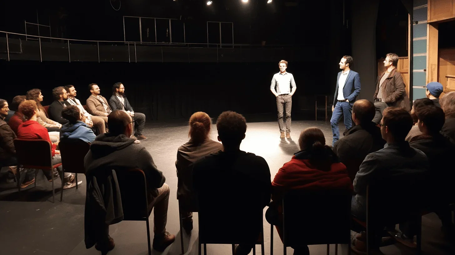 Cette photo capture une salle de répétition d'un atelier de théâtre, un lieu vibrant d'énergie et de créativité.