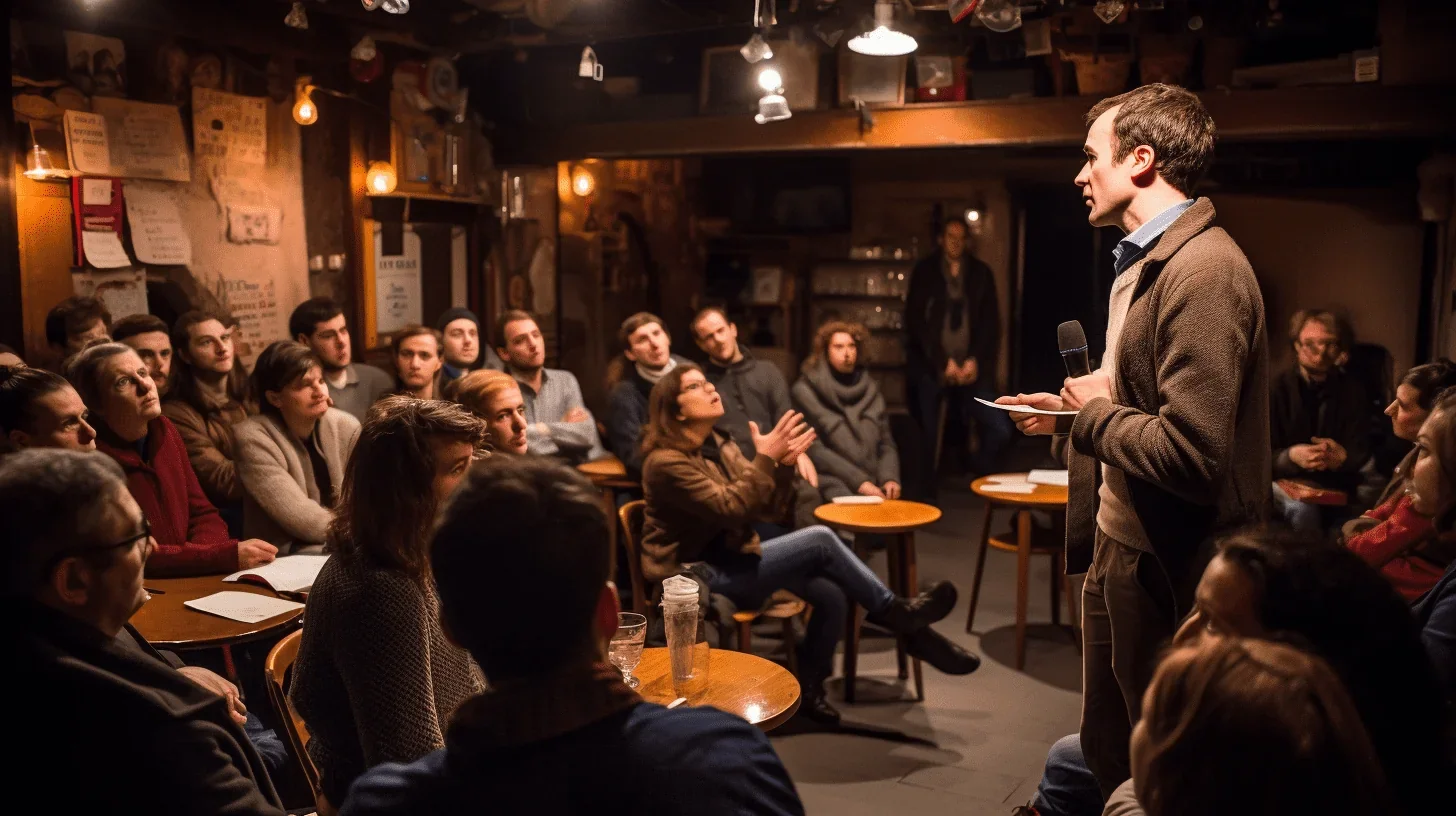 Cette image dépeint un groupe d'individus engagés dans une discussion animée sur une saynète.