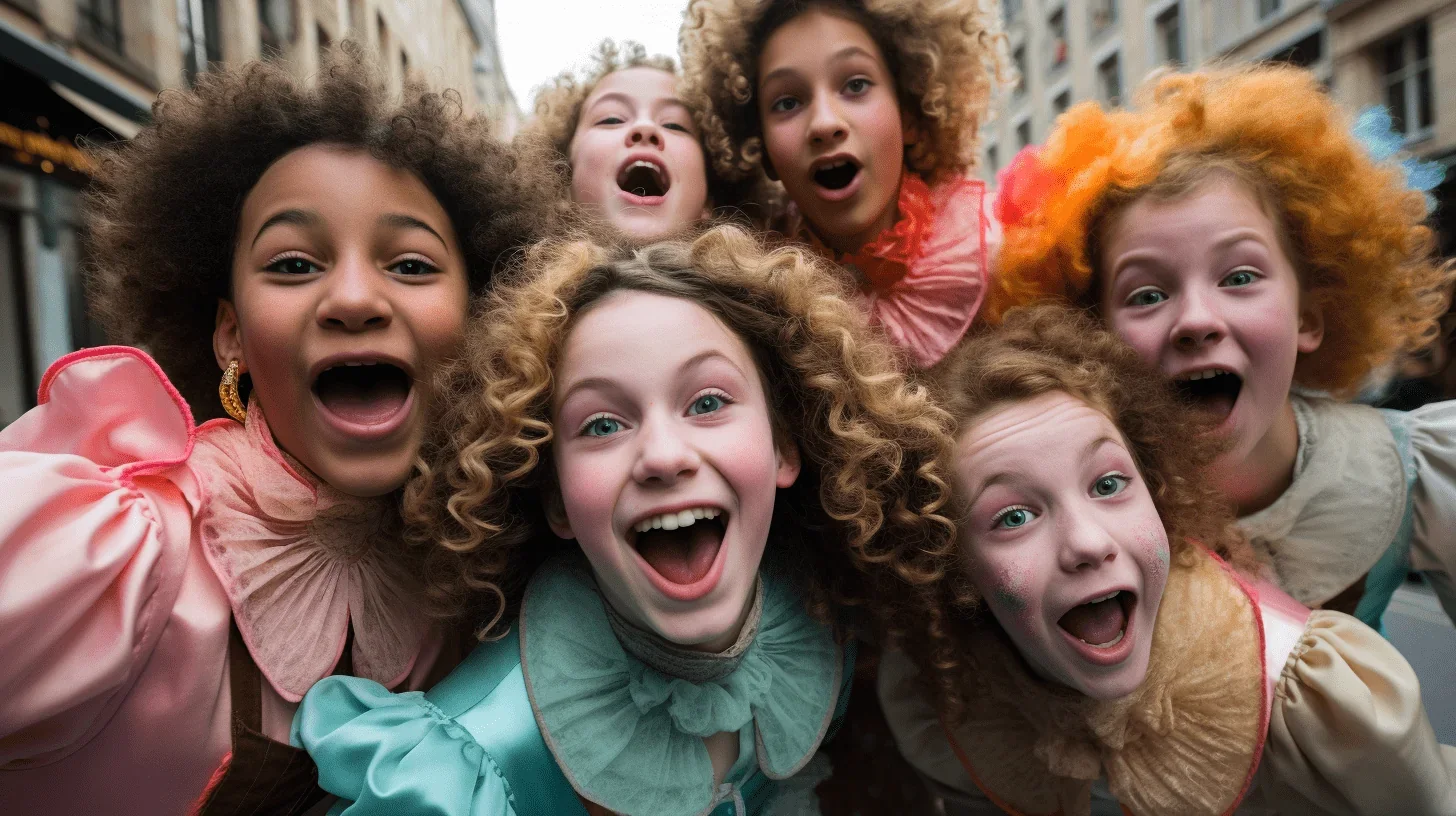 cette image capture un instant de pur bonheur où un groupe de jeunes artistes irradie d'enthousiasme dans leur pratique théâtrale.