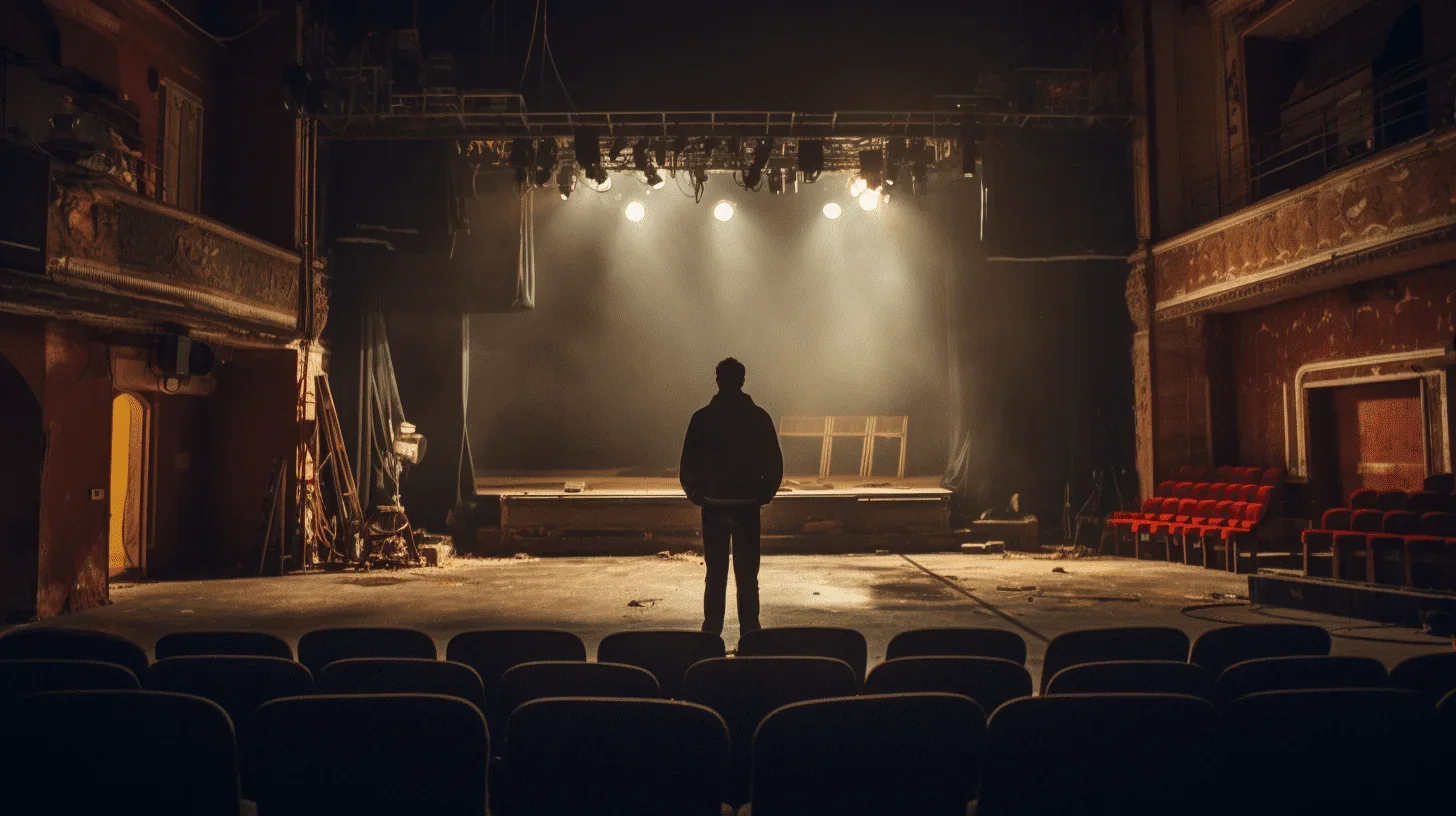 Une photo poignante montrant une scène vide, avec l'animateur de l'atelier de théâtre absorbé par la contemplation du lieu où l'ar