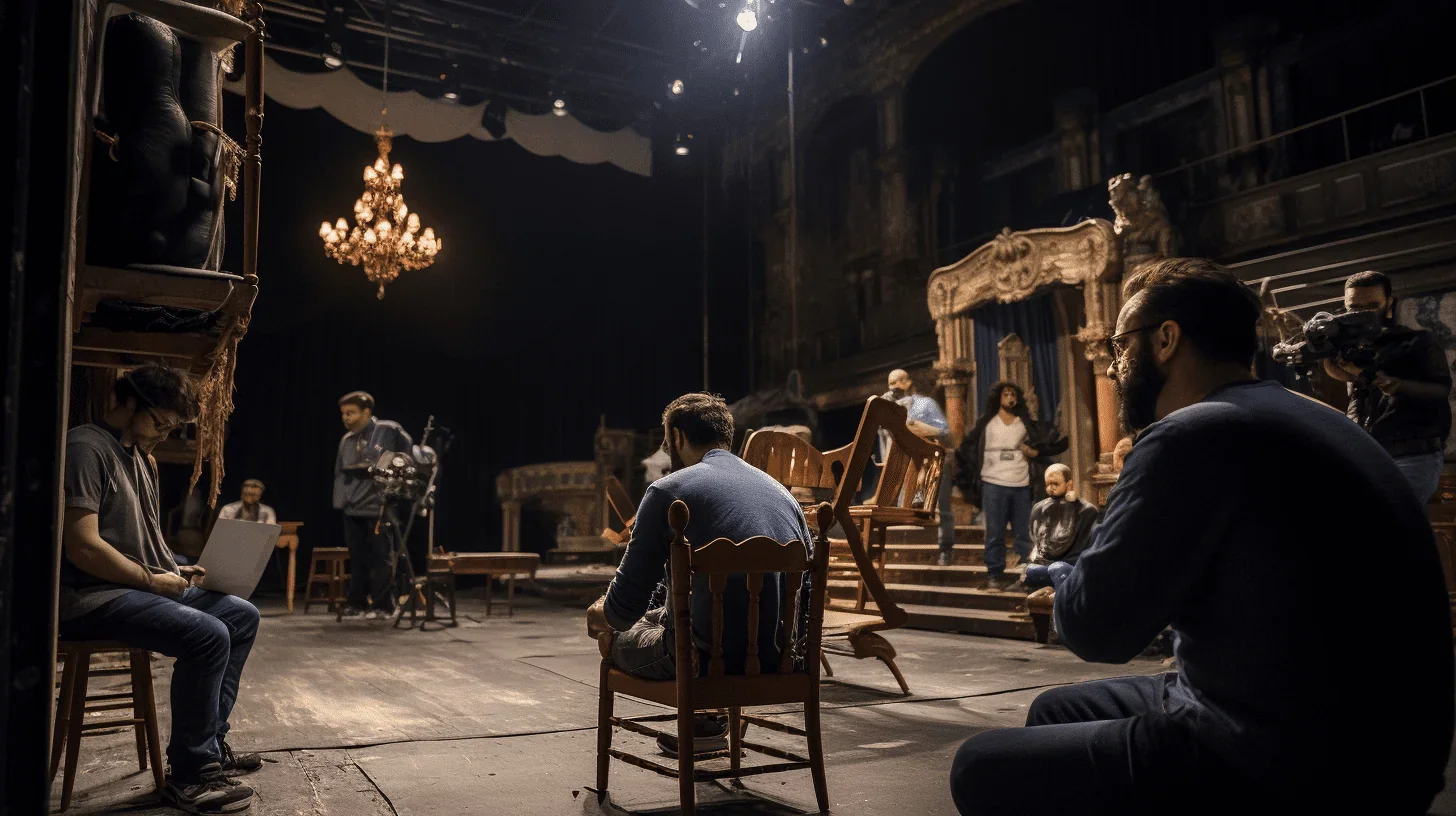 Une photographie dynamique mettant en lumière un moment intense d'improvisation, de discussion et d'analyse du texte par les acteu