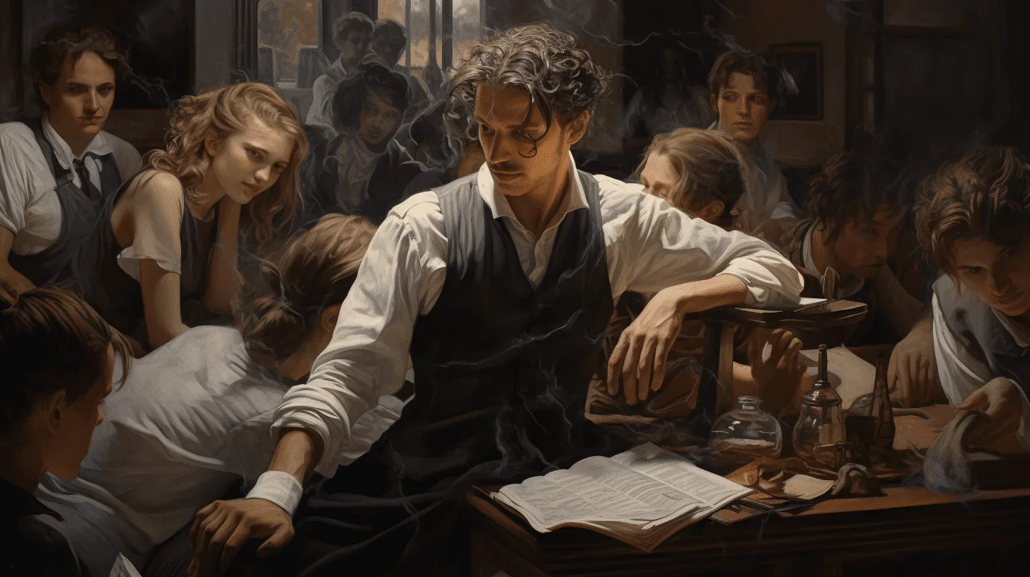 Une image poignante capturant un moment de réflexion profonde au-dessous des projecteurs, alors que le scénario de l'atelier de th