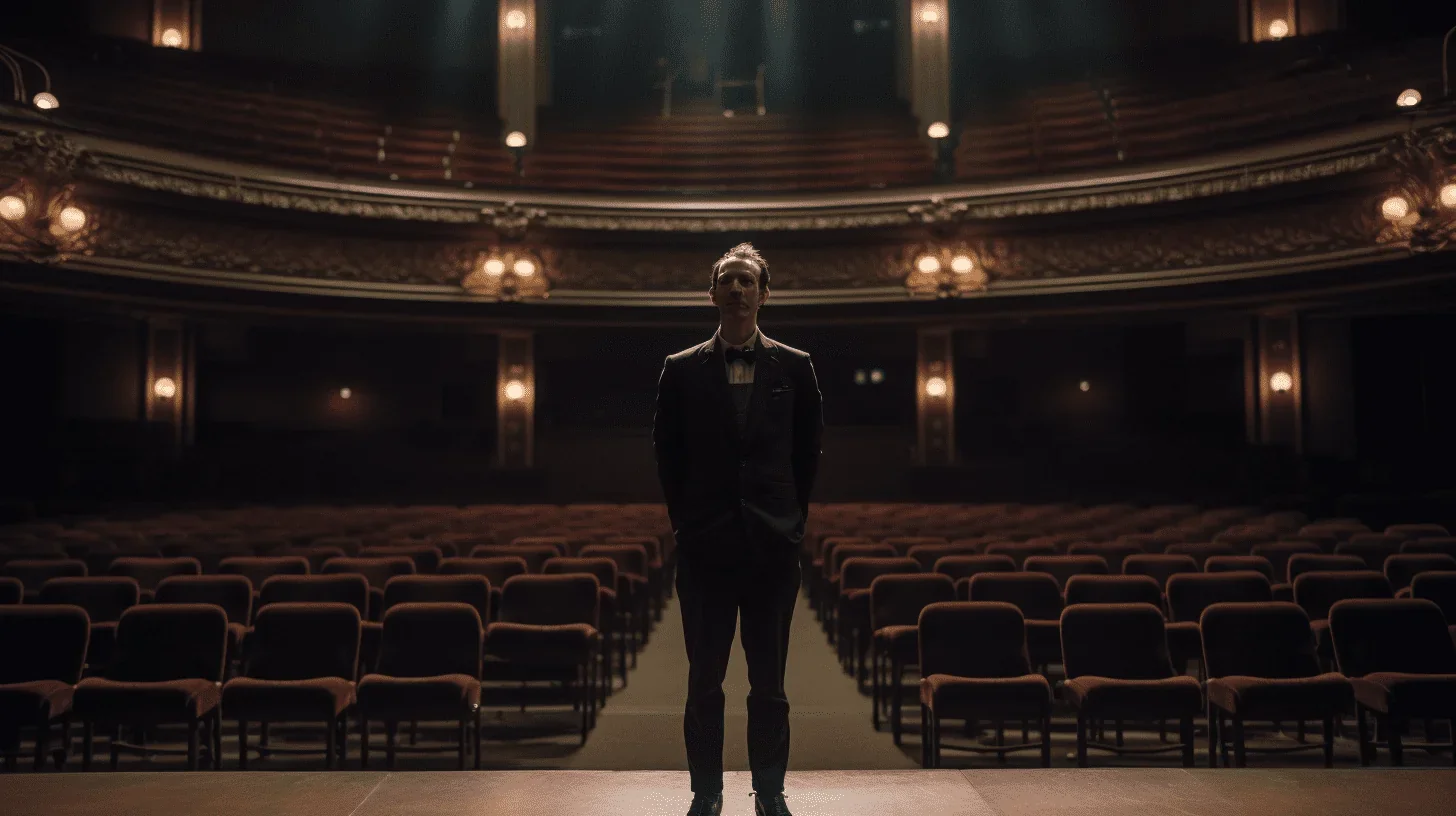 Dans cette image poignante, un acteur se tient seul sur scène, dos tourné vers nous. Il contemple une salle de théâtre vide, baign