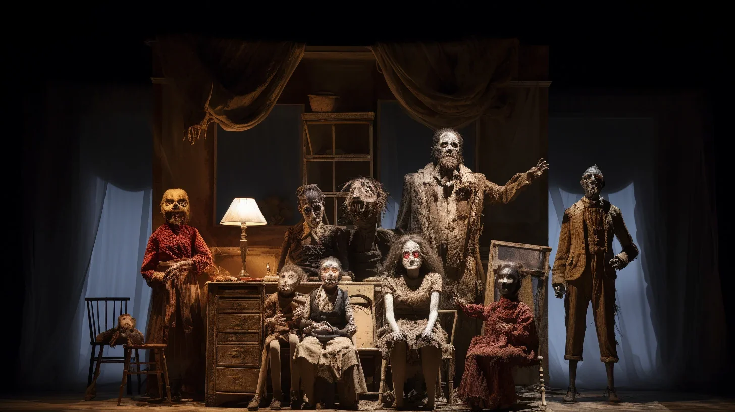 Cette image saisissante présente une scène de notre spectacle familial d'horreur. Les effets de lumière créent une ambiance sombre