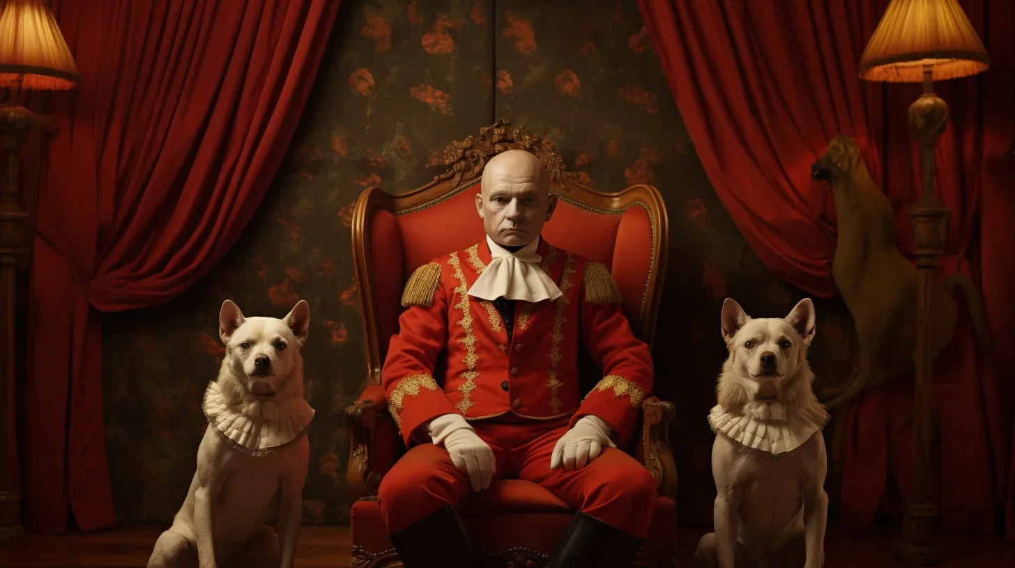 Cette photo dépeint une scène impressionnante : un noble assis sur un trône orné