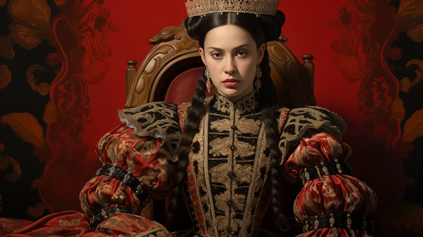 Vêtue d'une magnifique robe royale, sa majesté irradie une aura d'autorité et d'élégance.