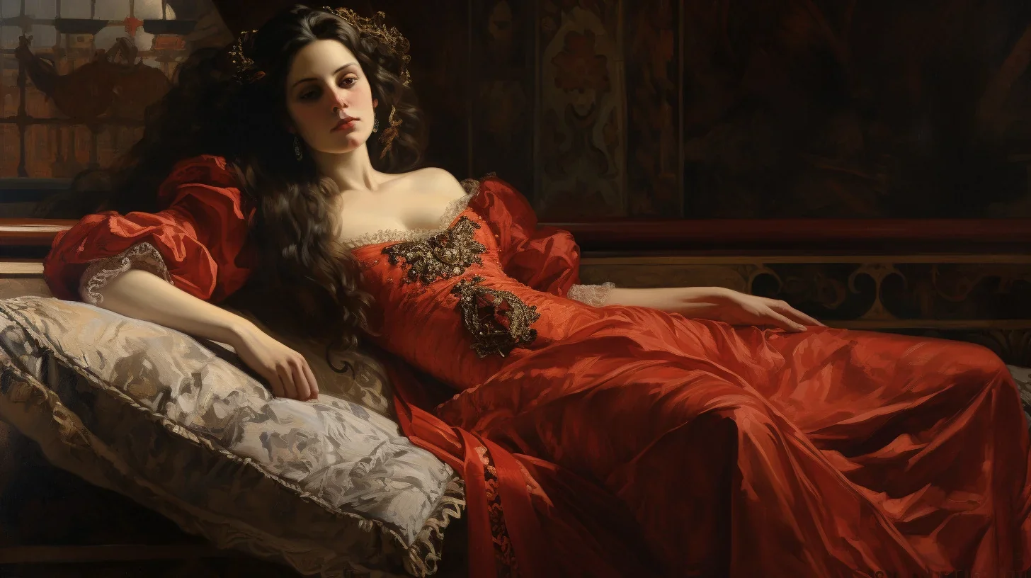 Cette image dépeint une peinture grandiose de la reine d'Espagne du XVIIème siècle, offrant un aperçu de l'histoire et de l'art de