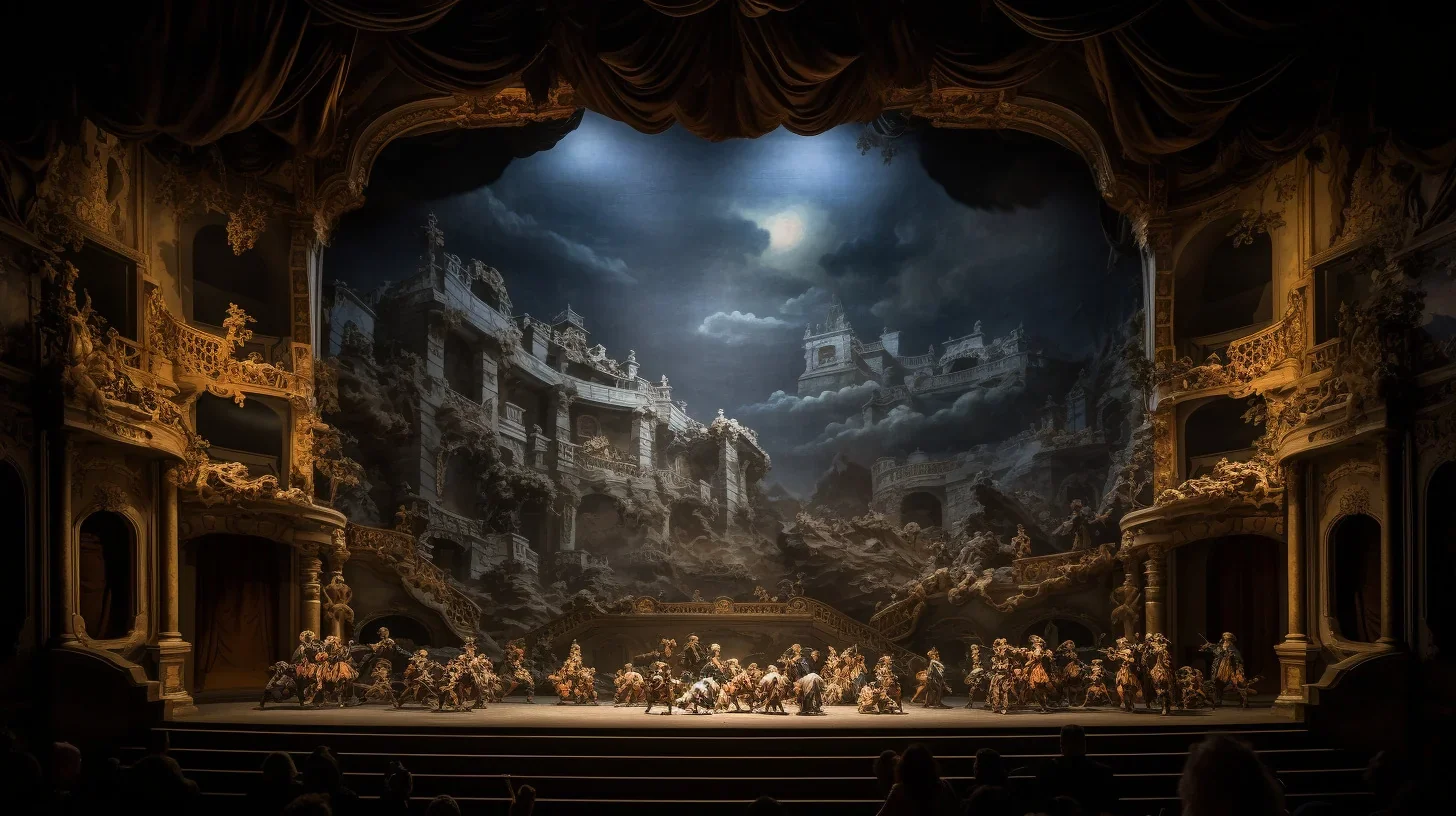 Cette image présente une scène de théâtre superbement décorée, prête pour une représentation. Le fond de la scène est orné de tent