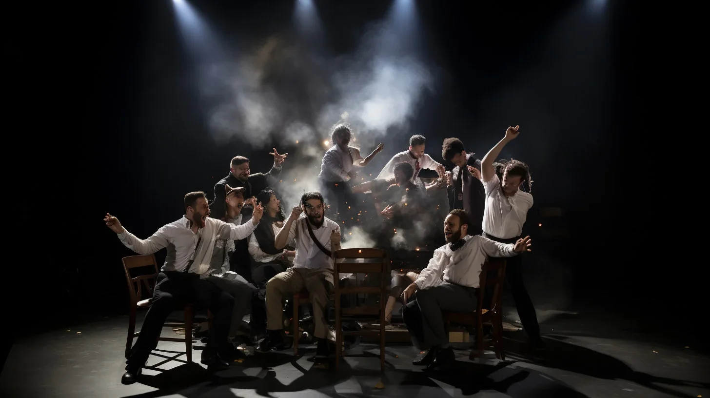 Une troupe d'acteurs dynamiques se réunit sur scène, captivant l'audience avec leur spontanéité et leur créativité débordante. Leu