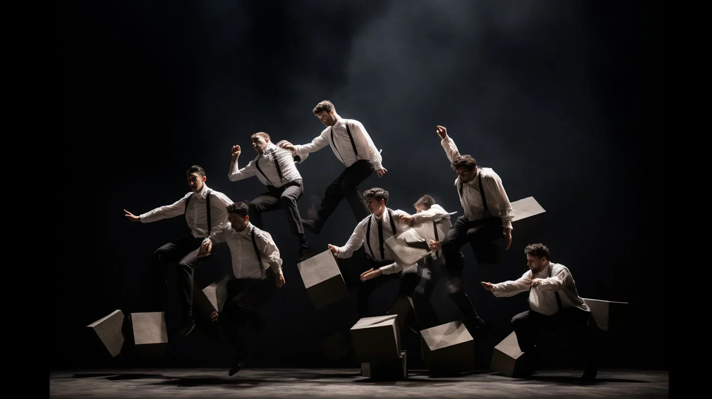 L'image illustre des acteurs en pleine action sur scène, ses corps entier engagé dans l'art de l'improvisation physique. Ses mouve