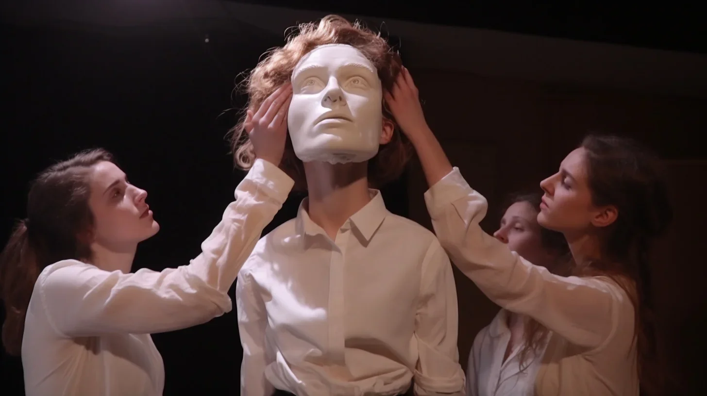 L'image capture un moment intense sur scène, où un acteur, enveloppé dans un silence éloquent, captive l'audience. Son regard inte