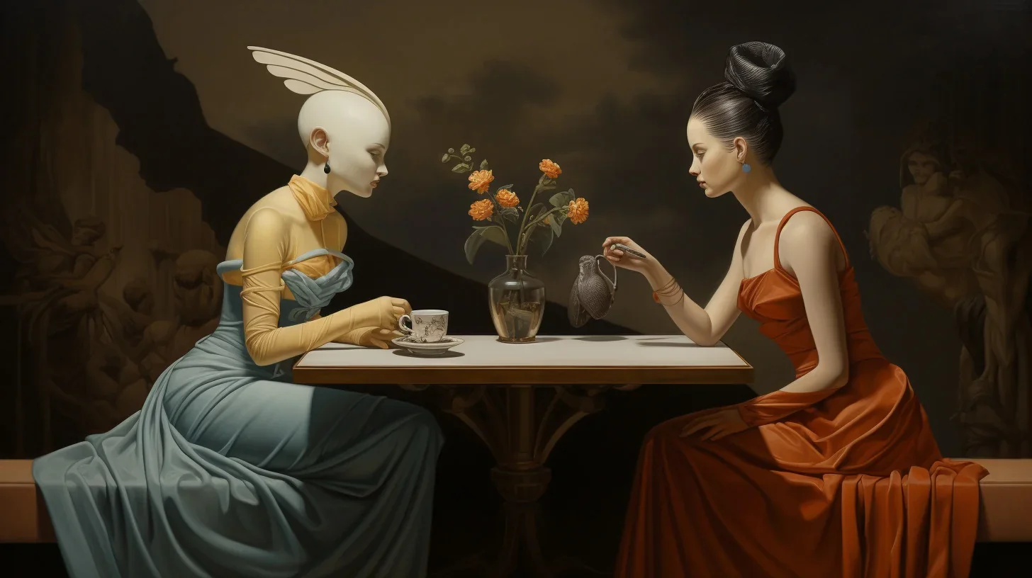 Deux femmes, personnages principaux d'un roman de fiction, sont plongées dans un dialogue intense. Leur interaction révèle une pro