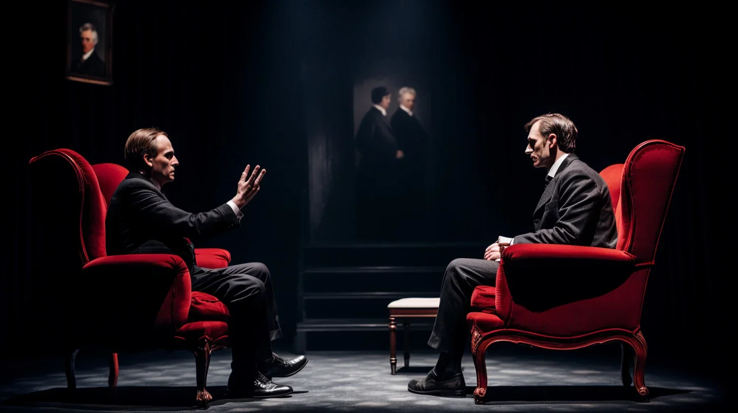 Deux hommes sont assis confortablement dans des fauteuils, plongés dans une discussion intense. Leurs postures détendues contraste